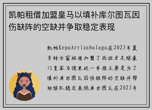 凯帕租借加盟皇马以填补库尔图瓦因伤缺阵的空缺并争取稳定表现