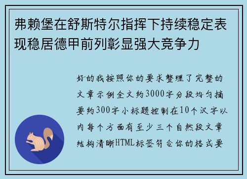 弗赖堡在舒斯特尔指挥下持续稳定表现稳居德甲前列彰显强大竞争力